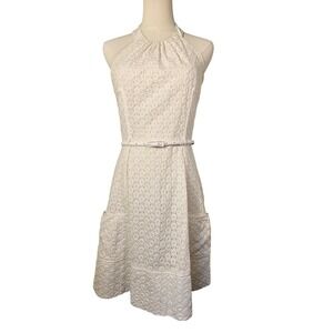 London Times White Eyelet Halter Dress with Belt and Pockets Fully Lined Size 8